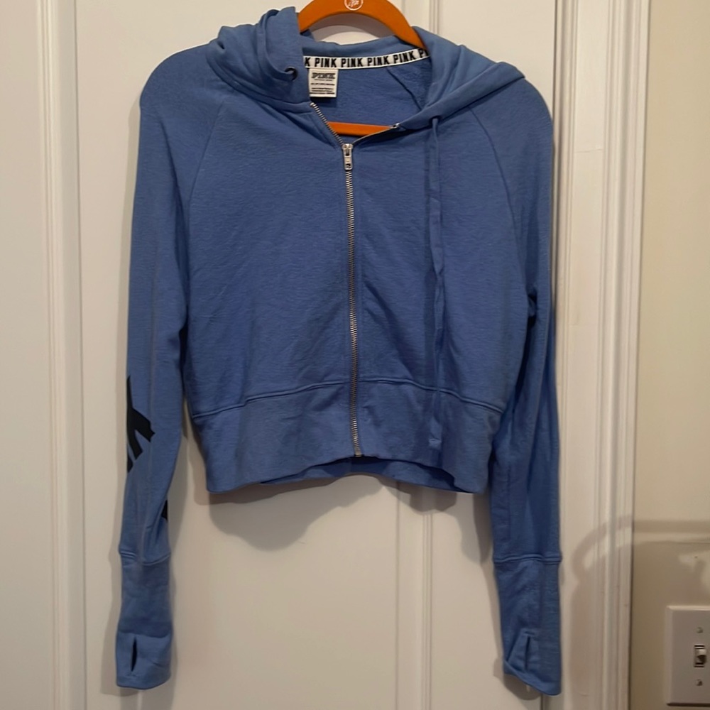 Victoria’s Secret PINK blue zip up hoodie sweatshirt. Size extra small.